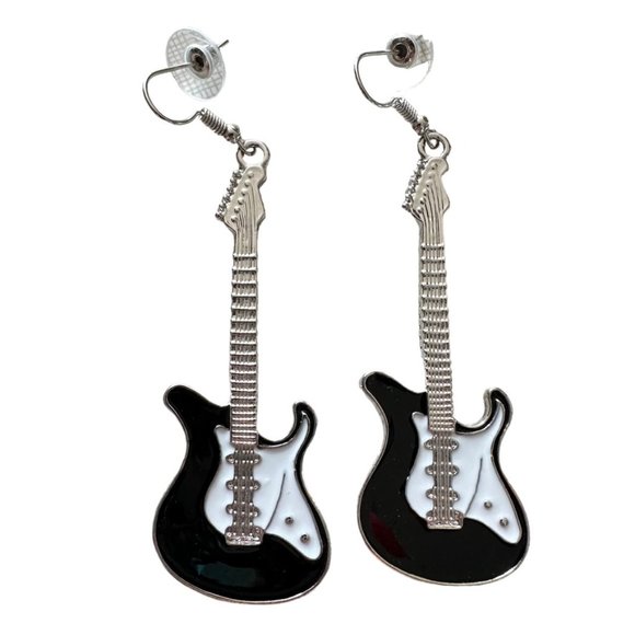 Rock On Little black and white enamel guitar earrings NEW - Picture 1 of 5